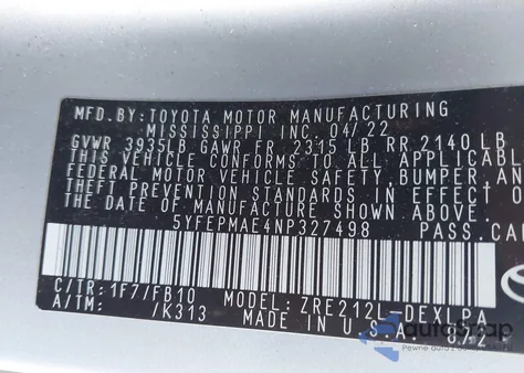 2022 Toyota Corolla Le z USA, uszkodzony, nr VIN 5YFEPMAE4NP327498